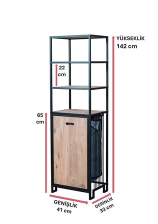 DEKORATİF KİRLİ SEPETLİ BANYO DOLABI AHŞAP RAFLI METAL GÖVDELİ 4 RAFLI ÇAMAŞIR SEPETİ BANYO DÜZENLEYİCİ ORGANİZER