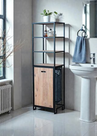 DEKORATİF KİRLİ SEPETLİ BANYO DOLABI AHŞAP RAFLI METAL GÖVDELİ 4 RAFLI ÇAMAŞIR SEPETİ BANYO DÜZENLEYİCİ ORGANİZER