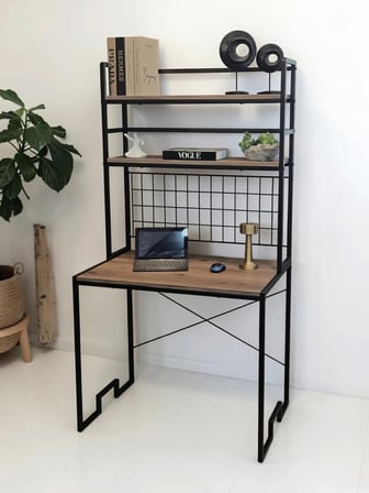DEKORATİF 2 RAFLI METAL ÇALIŞMA MASASI AHŞAP RAFLI KİTAPLIK BİLGİSAYAR VE LAPTOP MASASI