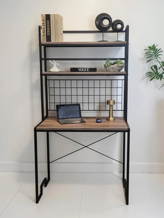 DEKORATİF 2 RAFLI METAL ÇALIŞMA MASASI AHŞAP RAFLI KİTAPLIK BİLGİSAYAR VE LAPTOP MASASI