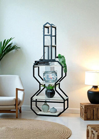 DEKORATİF SİYAH METAL KİTAPLIK BEYAZ AHŞAP RAFLI GİTAR ÜNİTE ÇOK AMAÇLI SALON OFİS DÜZENLEYİCİ