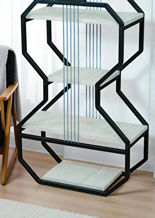 DEKORATİF SİYAH METAL KİTAPLIK BEYAZ AHŞAP RAFLI GİTAR ÜNİTE ÇOK AMAÇLI SALON OFİS DÜZENLEYİCİ