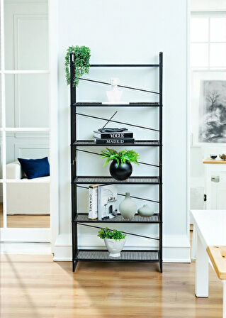 DEKORATİF SİYAH METAL KİTAPLIK 6 RAFLI ÇOK AMAÇLI STAND SALON VE ÇALIŞMA ODASI DÜZENLEYİCİ