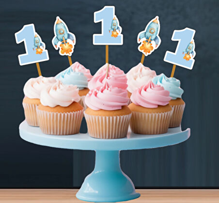 Uzay Temalı 3 Lü Set One 1 Yaş Doğum Günü Süsü Banner + Pasta Süsü + Cupcake Kürdani