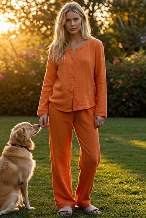 Organik Müslin 2'li Takım - Pijama Takımı - Gömlek Takım Naturel Doğal