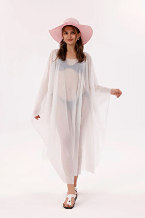 Kimono Pareo - Tesettür Pareo - Esnek Likralı Tül Beyaz 240x135 Cm