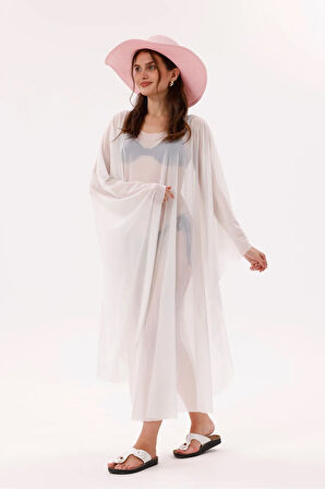 Kimono Pareo - Tesettür Pareo - Esnek Likralı Tül Beyaz 240x135 Cm
