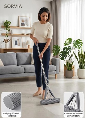 Kelebek Mop Kendinden Sıkmalı PVA Sünger Mop 124 cm Çelik Saplı Yer Silme ve Zemin Temizlik Mopu Kıl Tüy Toz Toplayan Temizlik Seti