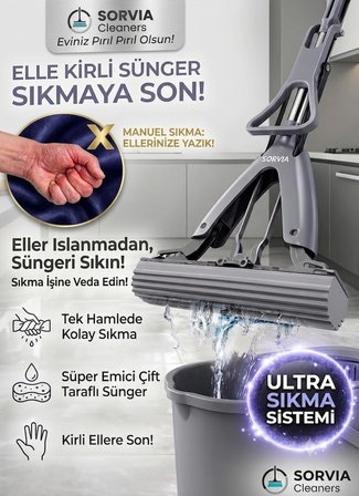 Kelebek Mop Kendinden Sıkmalı PVA Sünger Mop 124 cm Çelik Saplı Yer Silme ve Zemin Temizlik Mopu Kıl Tüy Toz Toplayan Temizlik Seti