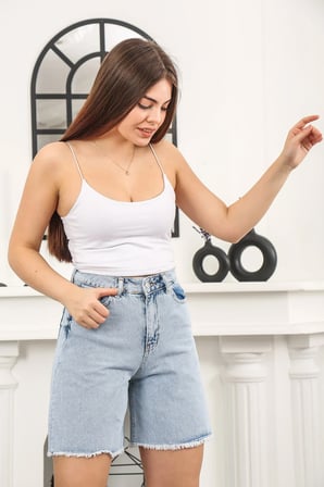 Kadın Yüksek Bel Denim Kot Şort Mavi / 40