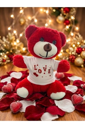 love Baskılı Tişörtlü Kırmızı Ayıcık