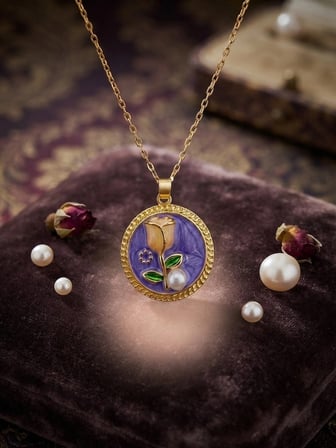 Valanti Art Mor Mineli Yuvarlak Gül ve İnci Detaylı Kolye