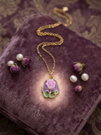 Valanti Art Gül Motifli Mineli Kolye Asimetrik Çerçeveli Altın Sarısı Zincir