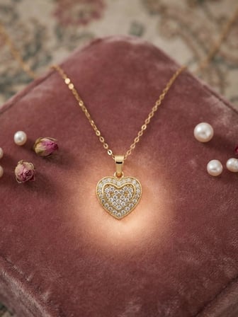 Valanti Art Zirkon Taşlı İç İçe Çift Kalp Kolye Altın
