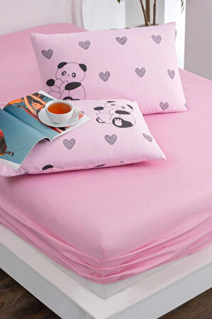 100x200 Pembe Panda  1 Adet Yastık Kılıflı Lastikli Çarşaf