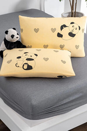 160x200 Sarı Panda 2 Adet Yastıklı Lastikli Çarşaf