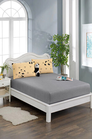 180x200 Sarı Panda 2 Adet Yastık Kılıflı Lastikli Çarşaf