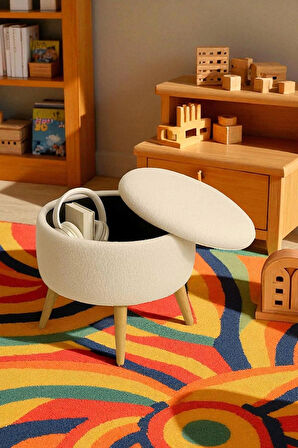 VALORA Teddy Peluş Oval Sandıklı Puf – Ahşap Ayaklı Retro Dekoratif Bench
