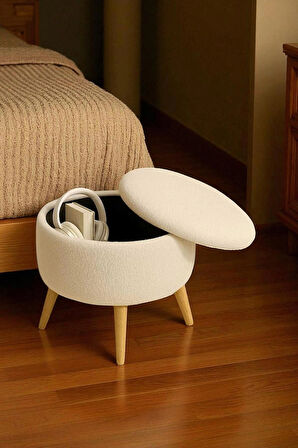 VALORA Teddy Peluş Oval Sandıklı Puf – Ahşap Ayaklı Retro Dekoratif Bench