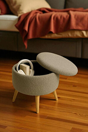 VALORA Teddy Peluş Oval Sandıklı Puf – Ahşap Ayaklı Retro Dekoratif Bench