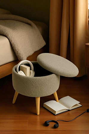 VALORA Teddy Peluş Oval Sandıklı Puf – Ahşap Ayaklı Retro Dekoratif Bench