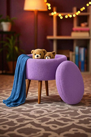 VALORA Teddy Peluş Oval Sandıklı Puf – Ahşap Ayaklı Retro Dekoratif Bench