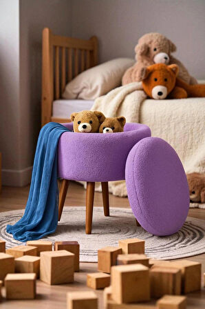 VALORA Teddy Peluş Oval Sandıklı Puf – Ahşap Ayaklı Retro Dekoratif Bench