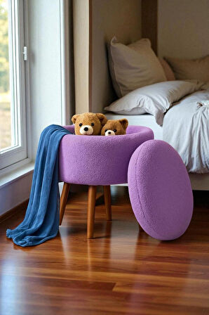 VALORA Teddy Peluş Oval Sandıklı Puf – Ahşap Ayaklı Retro Dekoratif Bench