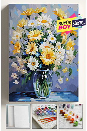Sayılarla Boyama Seti Numaralı Tuval Fırça Boya Dahil Kasnaklı Set 50x70 Cm - VAZODA PAPATYALAR