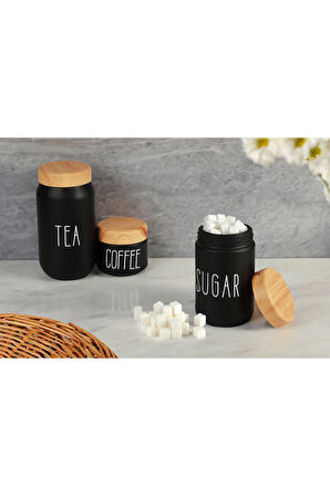 vizyon 3 Boy Çay Kahve Şeker Kavanozu Cam Kavanoz Seti Ahşap Görünümlü (Plastik) Kapak