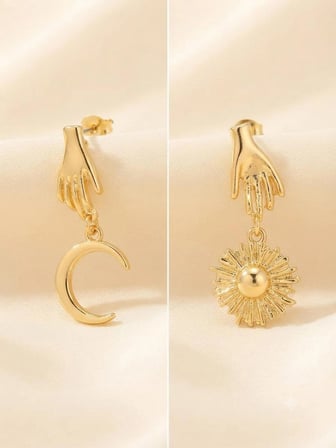 Güneş ve Ay Figürlü Asimetrik Gold Küpe - Tasarım Şık Kadın Küpe