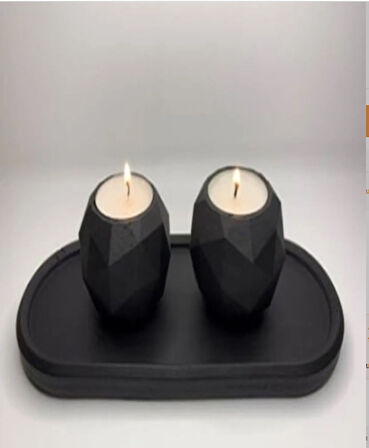 Geometrik Beton Mumluk Set Mat Siyah 3 Parça Oval Tealight Mumluk(2 adet tealight dahil)