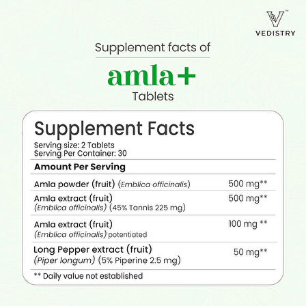 Vedistry Amla+ 1100mg Tablets with Amla & Long Pepper | Immune Support, Vitality & Wellness Booster | Natural Vitamin C, Antioxidants for Immunity