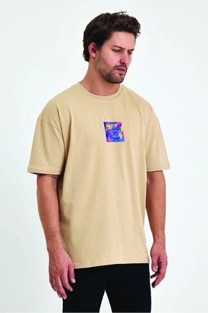 Lenithra Las Vegas Sırt Baskılı Unisex Oversize T-shirt Bej / S