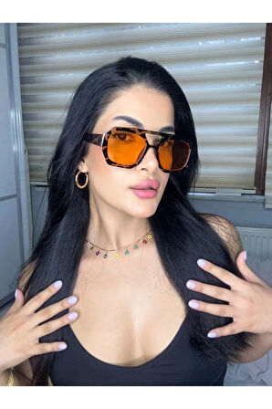 Vehla Leopar Desen Turuncu Renk Trend Gözlük Güneş Gözlüğü Renkli Cam Yeni Sezon Büyük Gözlük
