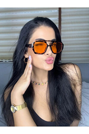 Vehla Leopar Desen Turuncu Renk Trend Gözlük Güneş Gözlüğü Renkli Cam Yeni Sezon Büyük Gözlük