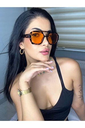 Vehla Leopar Desen Turuncu Renk Trend Gözlük Güneş Gözlüğü Renkli Cam Yeni Sezon Büyük Gözlük