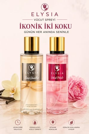 ELYSIA Bare Vanilla & Velvet Petals 2’li Set Kadın Vücut Spreyi 250 ml x2 Kalıcı Ferah Parfüm Mist