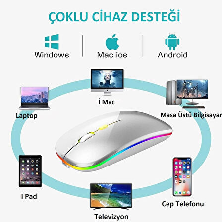 Tablet Bilgisayar Uyumlu Şarjlı Rgb 2.4ghz Kablosuz Bluetooth Mouse Sessiz Tıklama Dual Mode Slim