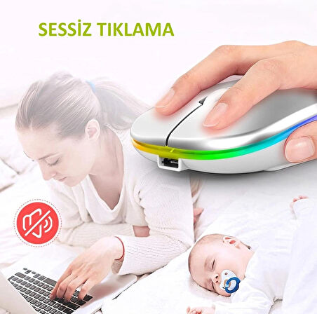 Tablet Bilgisayar Uyumlu Şarjlı Rgb 2.4ghz Kablosuz Bluetooth Mouse Sessiz Tıklama Dual Mode Slim