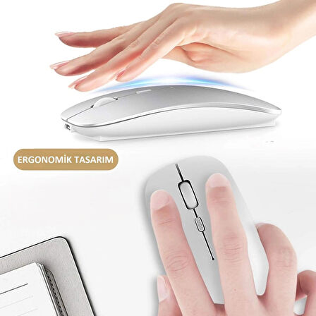 Tablet Bilgisayar Uyumlu Şarjlı Rgb 2.4ghz Kablosuz Bluetooth Mouse Sessiz Tıklama Dual Mode Slim