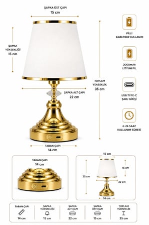 ŞARJ EDİLE BİLİR PİLLİ ABAJUR METAL AYAK KUMAŞ BAŞLIK 35 CM YÜKSEKLİK