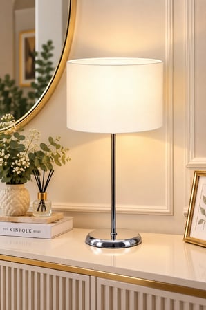 Luxury Avıze Krom Kaplama Metal Ayaklı Krem Başlıklı Abajur Krom Krem Abajur