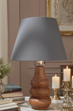 Sina Masa Abajuru Ahşap Gövde Kumaş Başlık Dekoratif Masa Lambası Gece Lambası