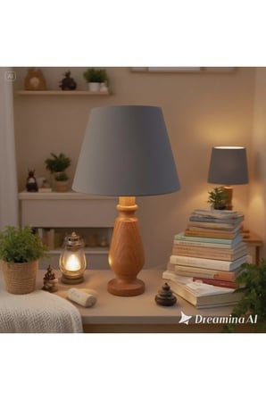 Manolya Masa Abajuru Ahşap Gövde Kumaş Başlık Dekoratif Masa Lambası Gece Lambası