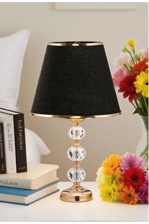 3 taşlı 55 cm masa abajuru cam gövde kumaş başlık metal ayaklı gece lambası aydınlatma