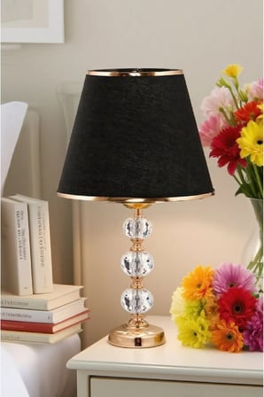 3 taşlı 55 cm masa abajuru cam gövde kumaş başlık metal ayaklı gece lambası aydınlatma