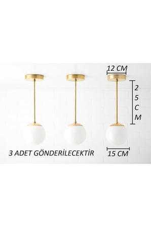 Gold Kaplama Cam 3 Adet Kartopu Modern Camlı Avize Metal Gövde