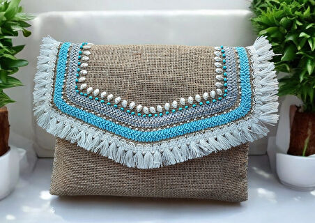 El Yapımı  Boncuk İşlemeli Kadın Portföy Clutch El  ve Kol Çantası 