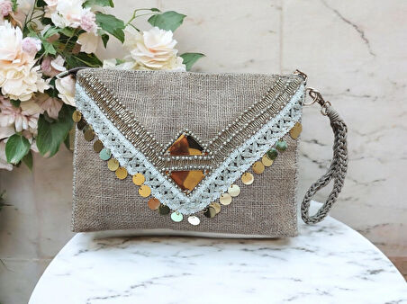 El Yapımı Boncuk İşlemeli Kadın Porföy Clutch El Çantası